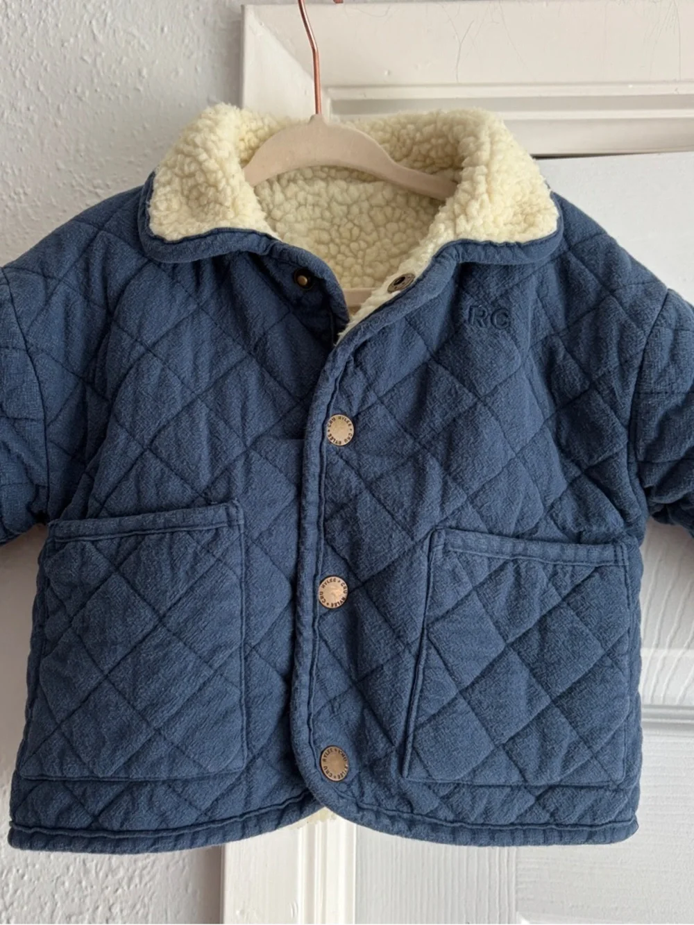 Rylee + Cru Quilted Navy Sherpa Liner Coat Reversible Jacket